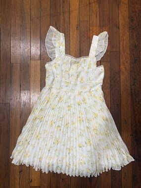 Girls White & Yellow Floral Pleated Summer Dress